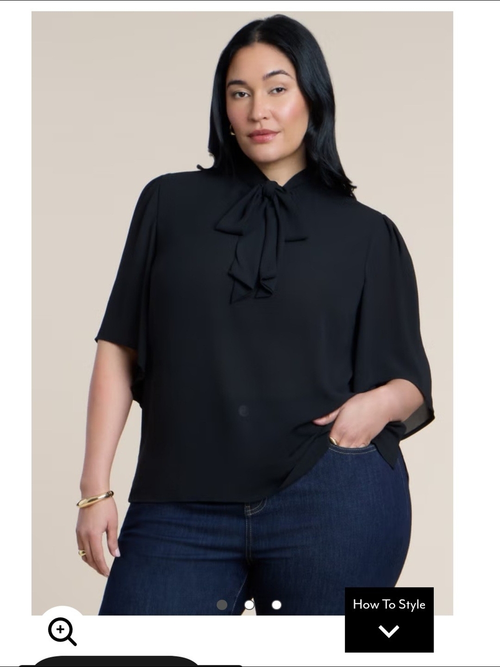 Eloquii Black Tie-Neck Blouse with Short Flutter Sleeves